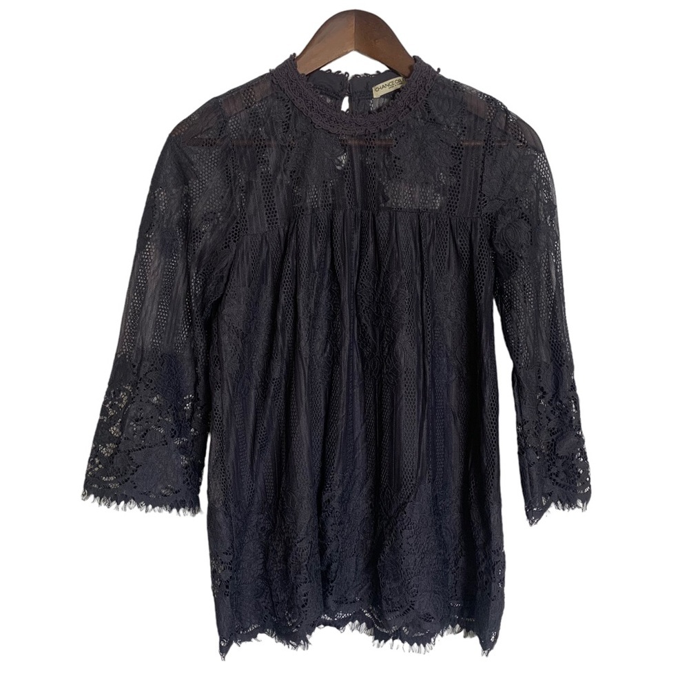 Chance or Fate Lacy High Neck Sheer Blouse Navy Blue Size M